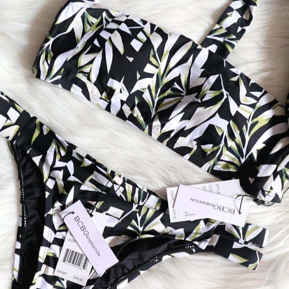 NEW BCBGeneration Black White Tropical Print Bikini Bathing Suit Set Size Small - Picture 2 of 7